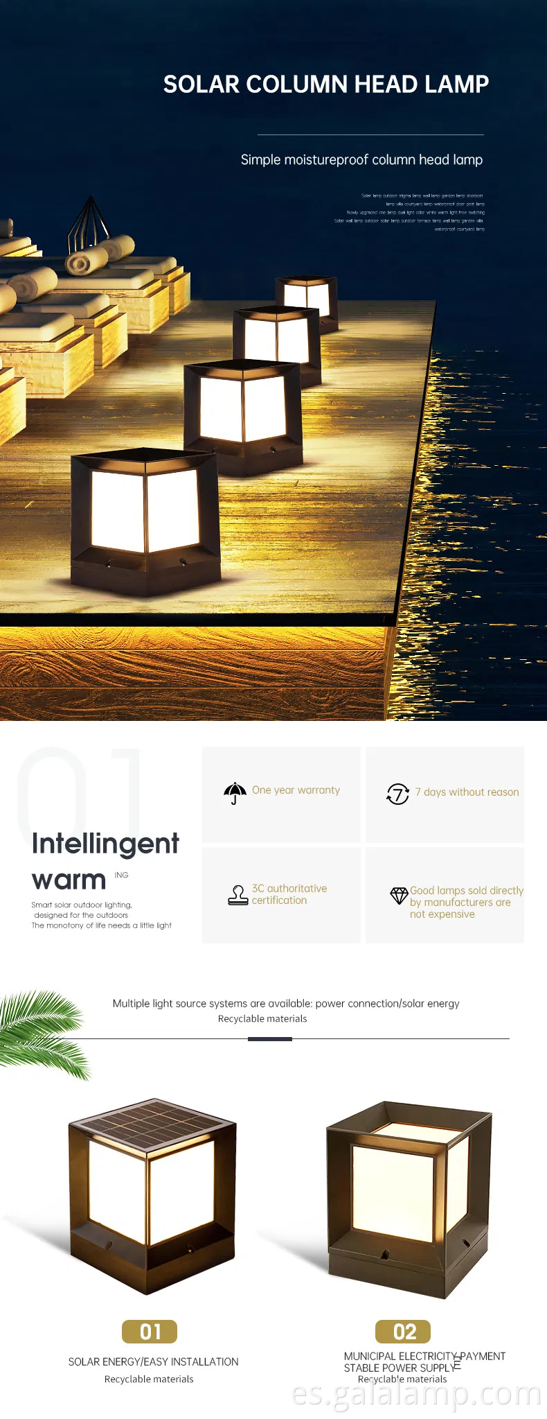 Pilar de jardín al aire libre cerca de piedra después de aluminio 3W LED Solar Gate Light